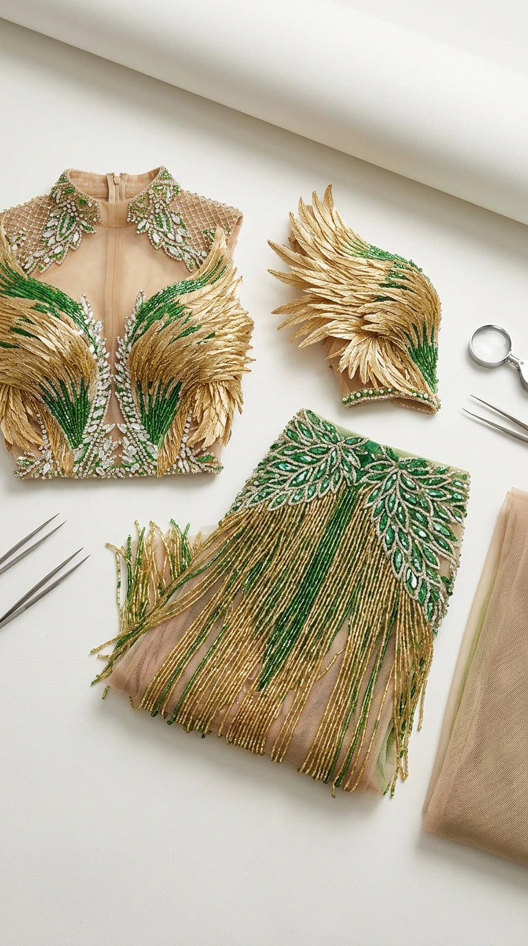 Craftsmanship close-up of intricate hand beading and feather shoulder accents