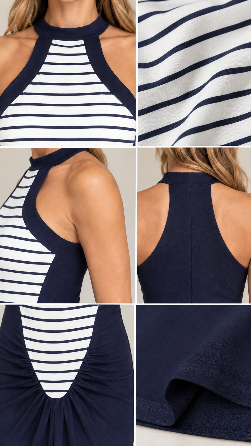 Close-up details of neckline, striped fabric, gathered waist, and hem