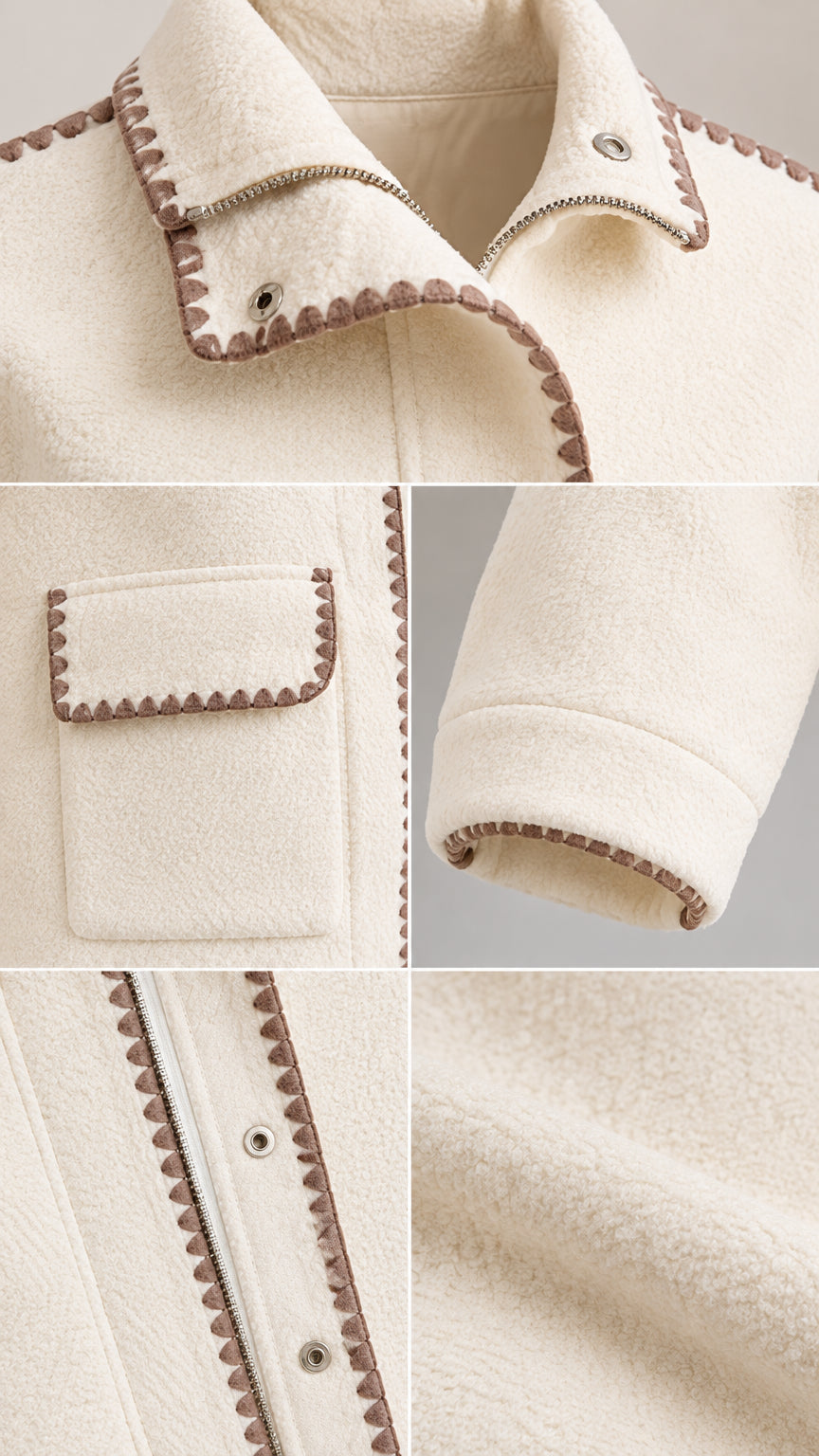 Detailed close-up of cream fleece fabric texture, zipper, snap buttons, and blanket stitch pockets