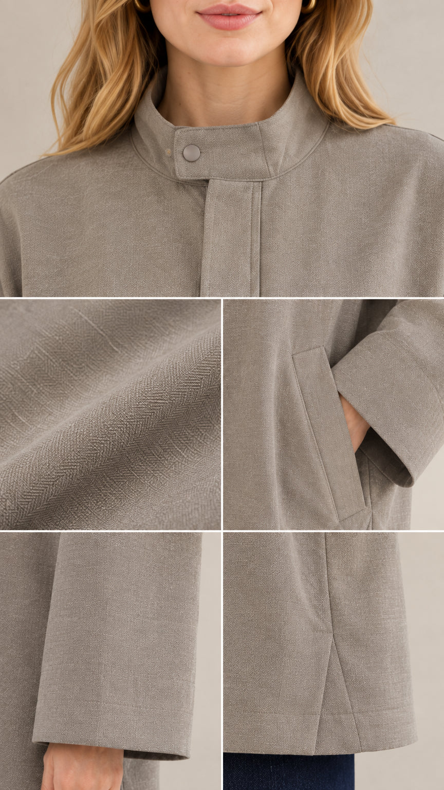 Close-up details of stand collar tab closure, textured woven fabric, and welt pocket