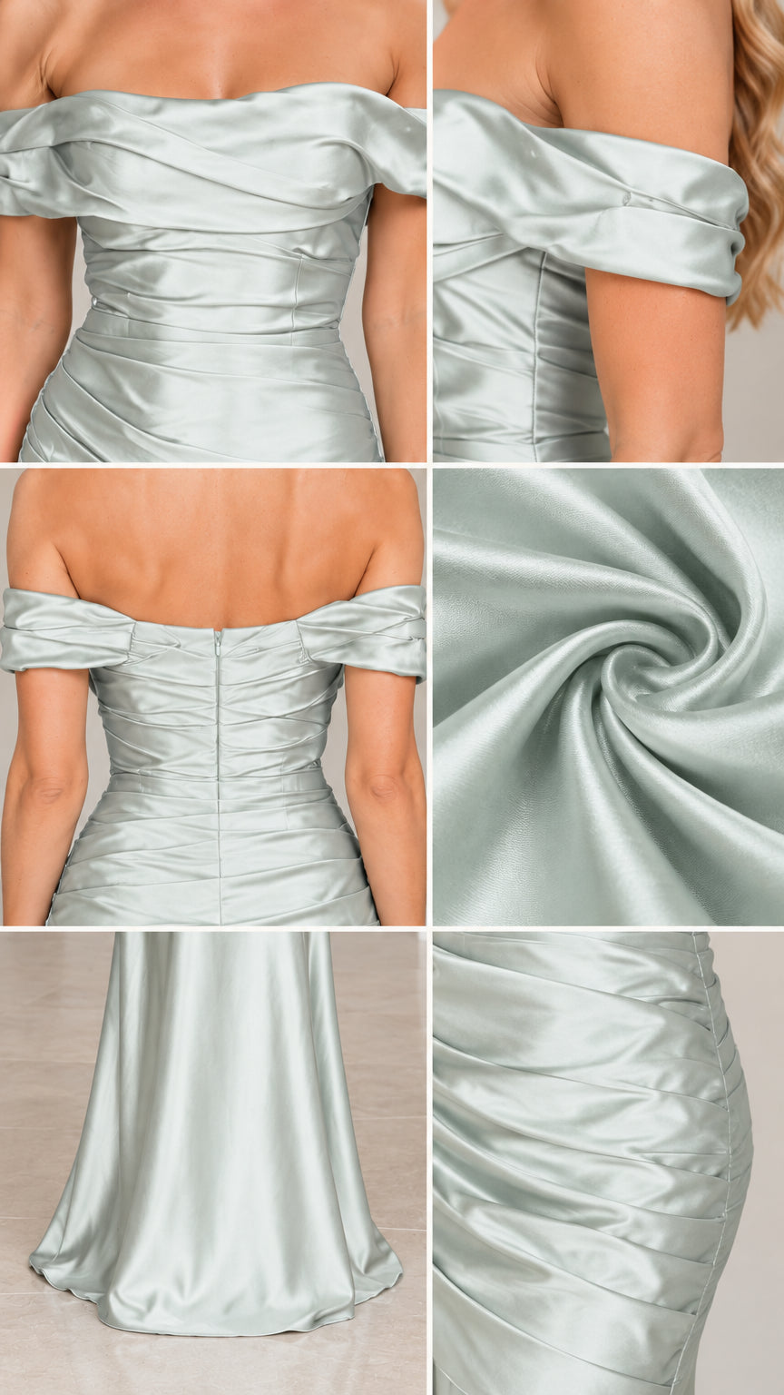 Detailed collage showing fabric texture, neckline drape, and back zipper of Sage Green dress
