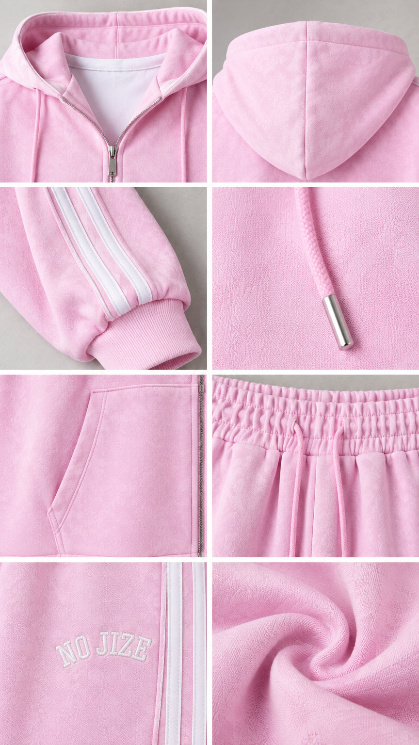 Close-up details of fabric, zipper, drawstring, and stitching on the pink tracksuit set