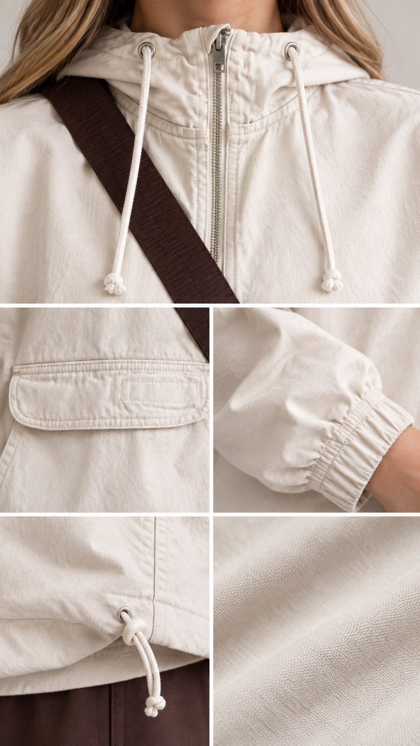 Close-up details of hood zipper, front flap pocket, elastic cuff, and drawstring hem