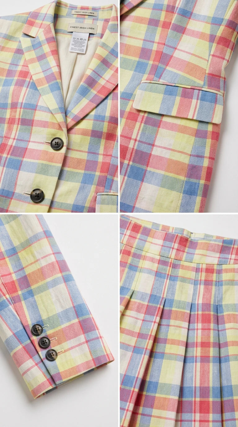 Close-up details of blazer lapel, buttons, flap pocket, and pleated skirt waistband
