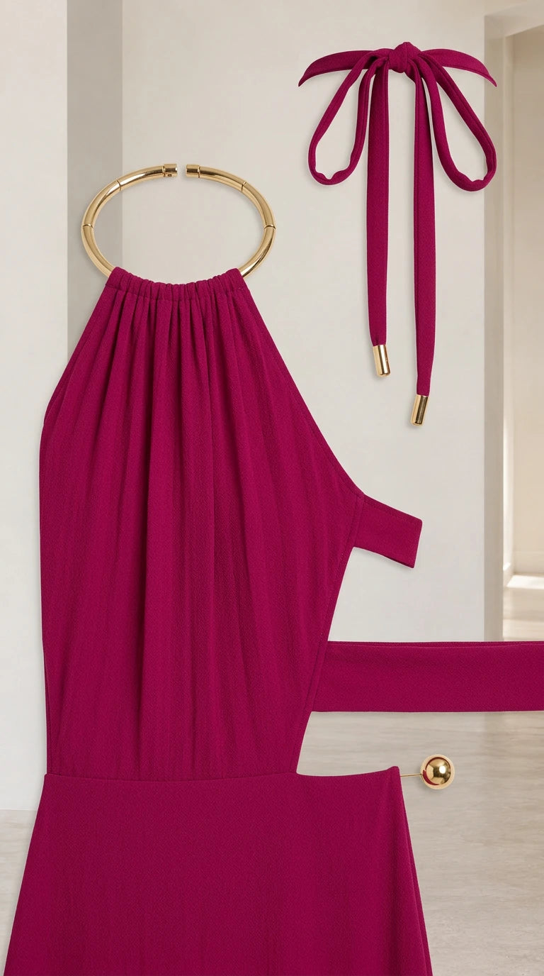 Flat lay close-up view of the gold ring halter neckline and cutout construction