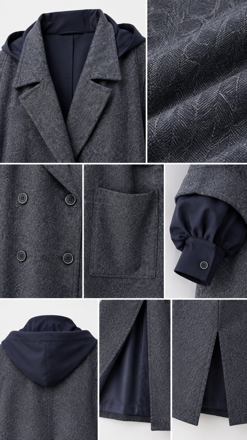 Close-up details of fabric texture, lapel, buttons, patch pocket, cuff, and hood