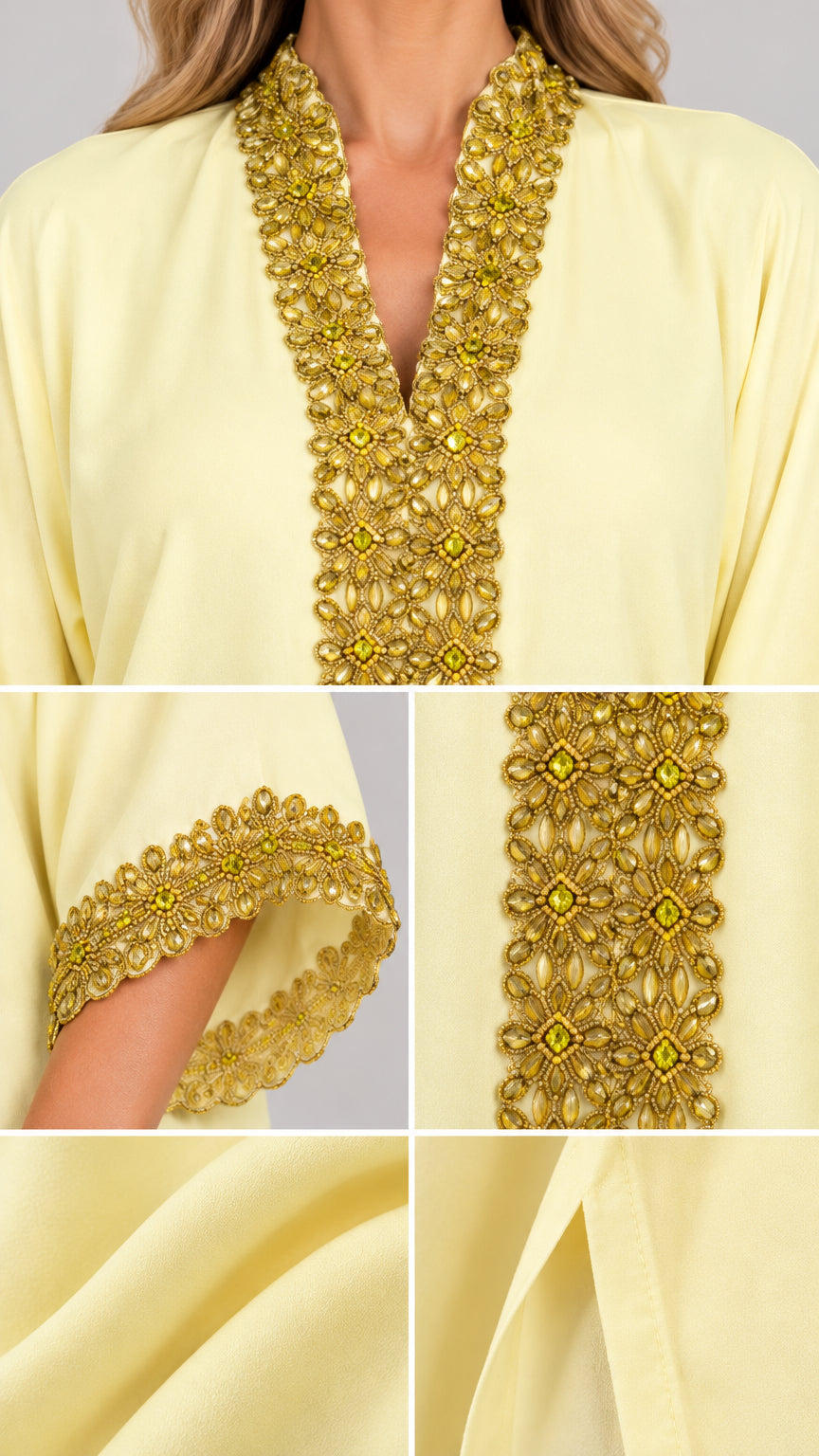 Close-up details of intricate gold embroidered trim on neckline and cuffs