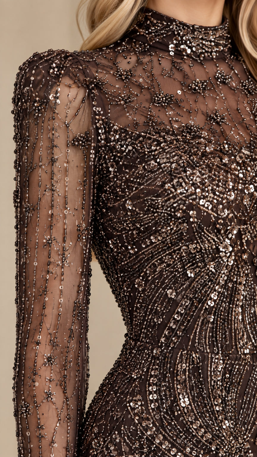 Close-up detail of high collar, sheer shoulder, and intricate beadwork on sequin bodice