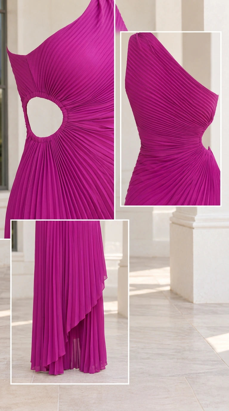 Close-up details of magenta pleated fabric, one-shoulder bodice, and waist cutout