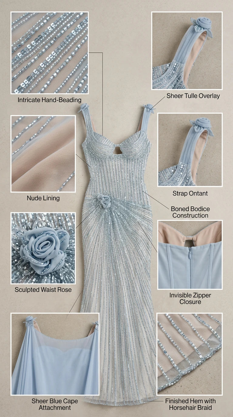 Detailed close-up collage of dress construction, beading, rosette, lining, and zipper