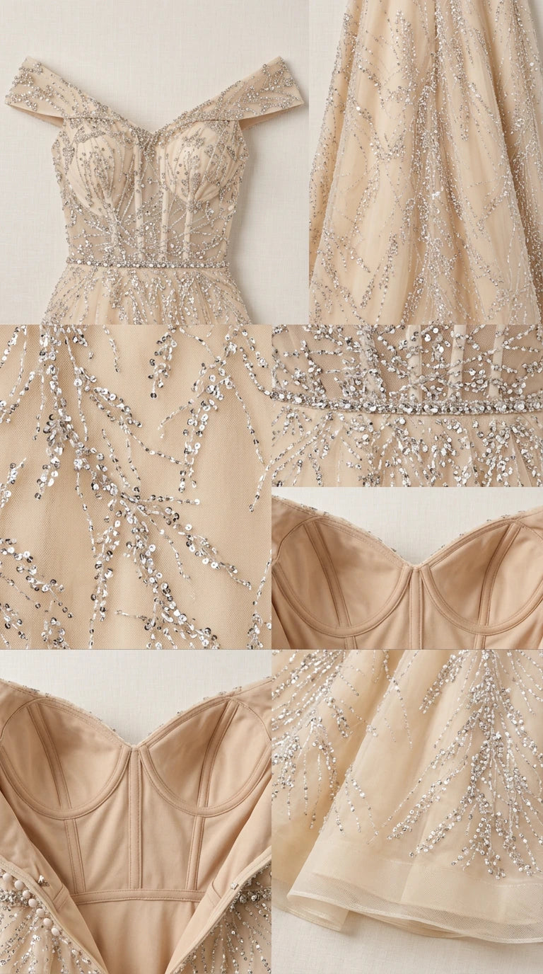 Close-up detail collage showing beaded bodice, structured cups, and sequin embellishments