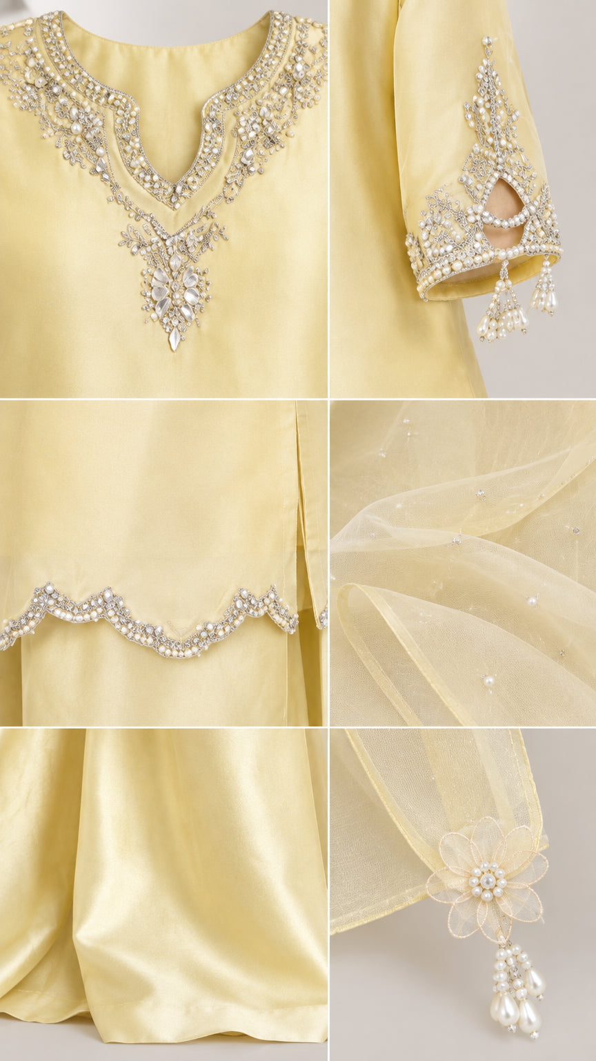 Close-up details of intricate neckline embroidery, scalloped hem, embellished cuffs, and sheer dupatta tassel