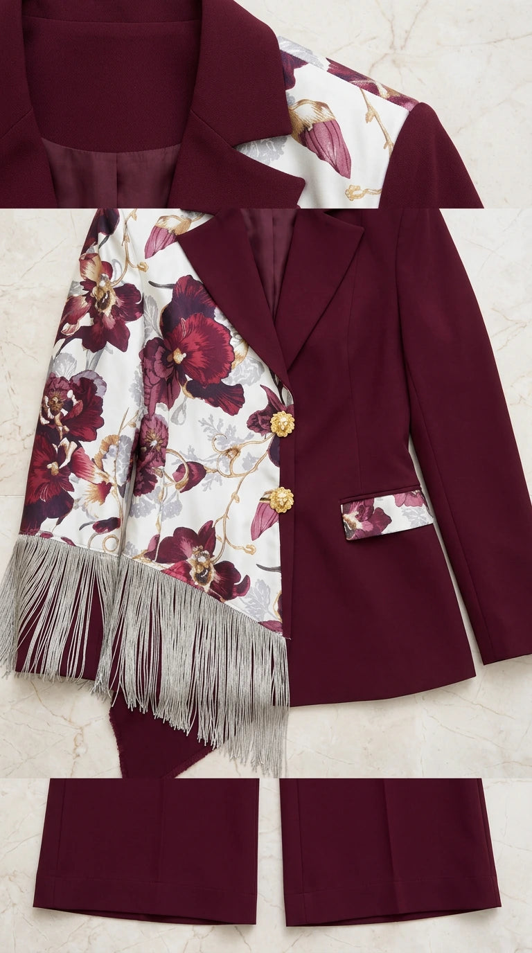 Close-up detail of burgundy suit lapel, floral pattern, gold button, and fringe trim