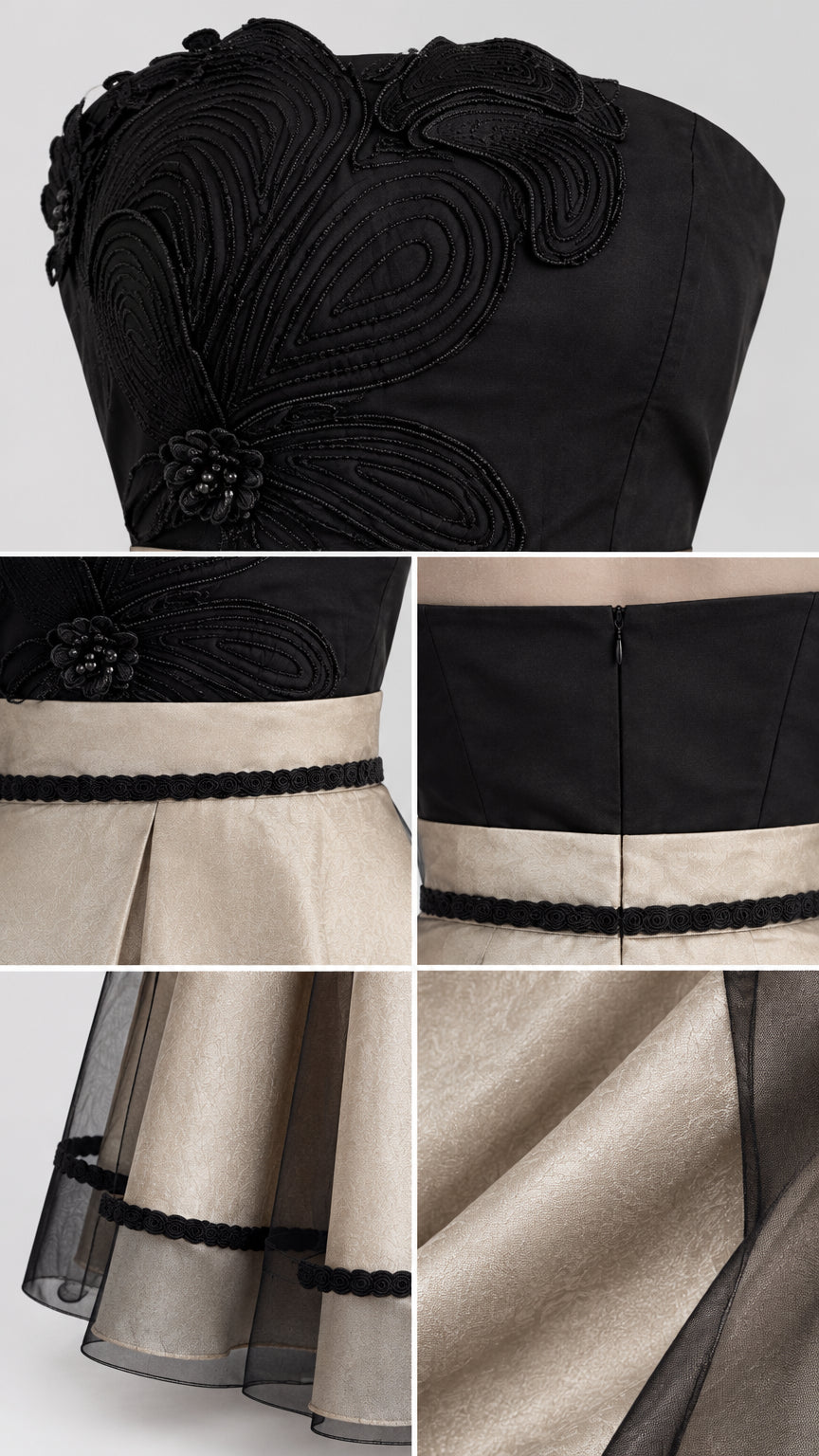 Close-up details of bodice embroidery, waist trim, and layered sheer hemline