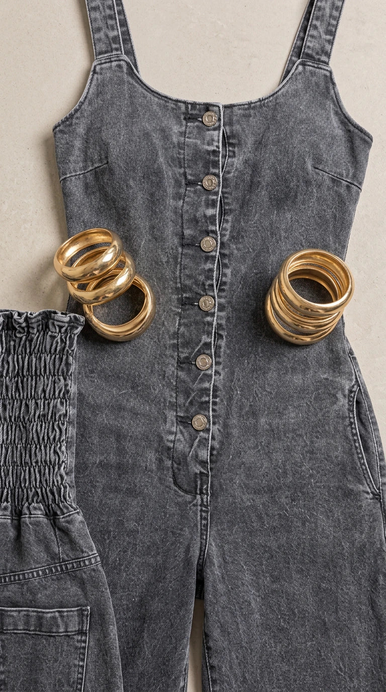Close-up detail of button-down front, neckline, and smocked back panel