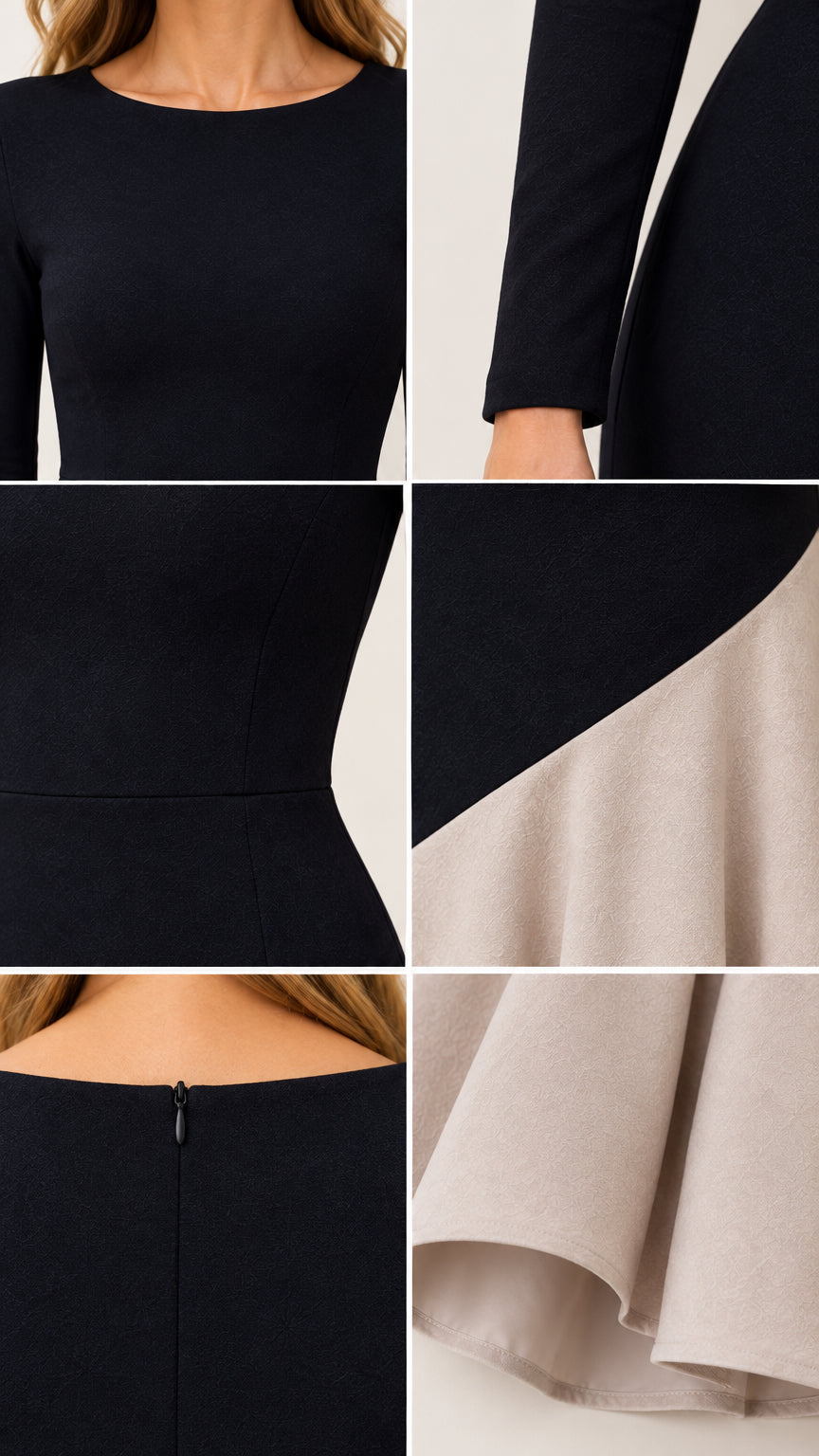 Close-up details of neckline, sleeve hem, diagonal seam, and zipper of colorblock maxi dress