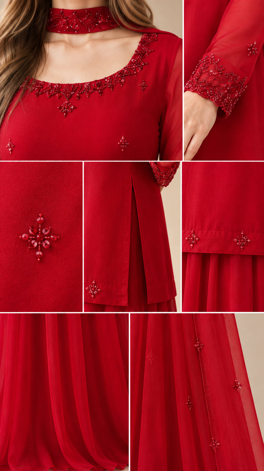 Close-up details of red beaded neckline, choker collar, side slit, and cuffs