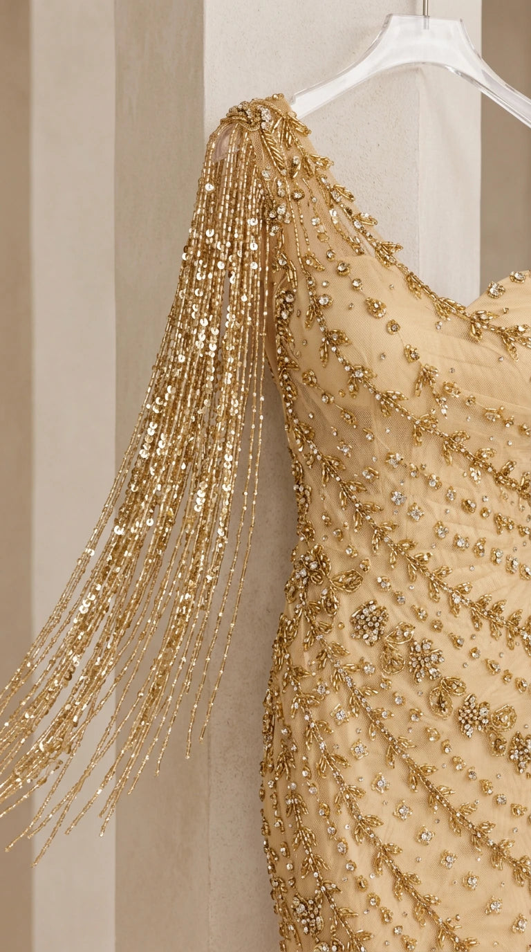 Close-up detail of shimmering sequin beadwork and beaded tassel fringe sleeve on gold dress
