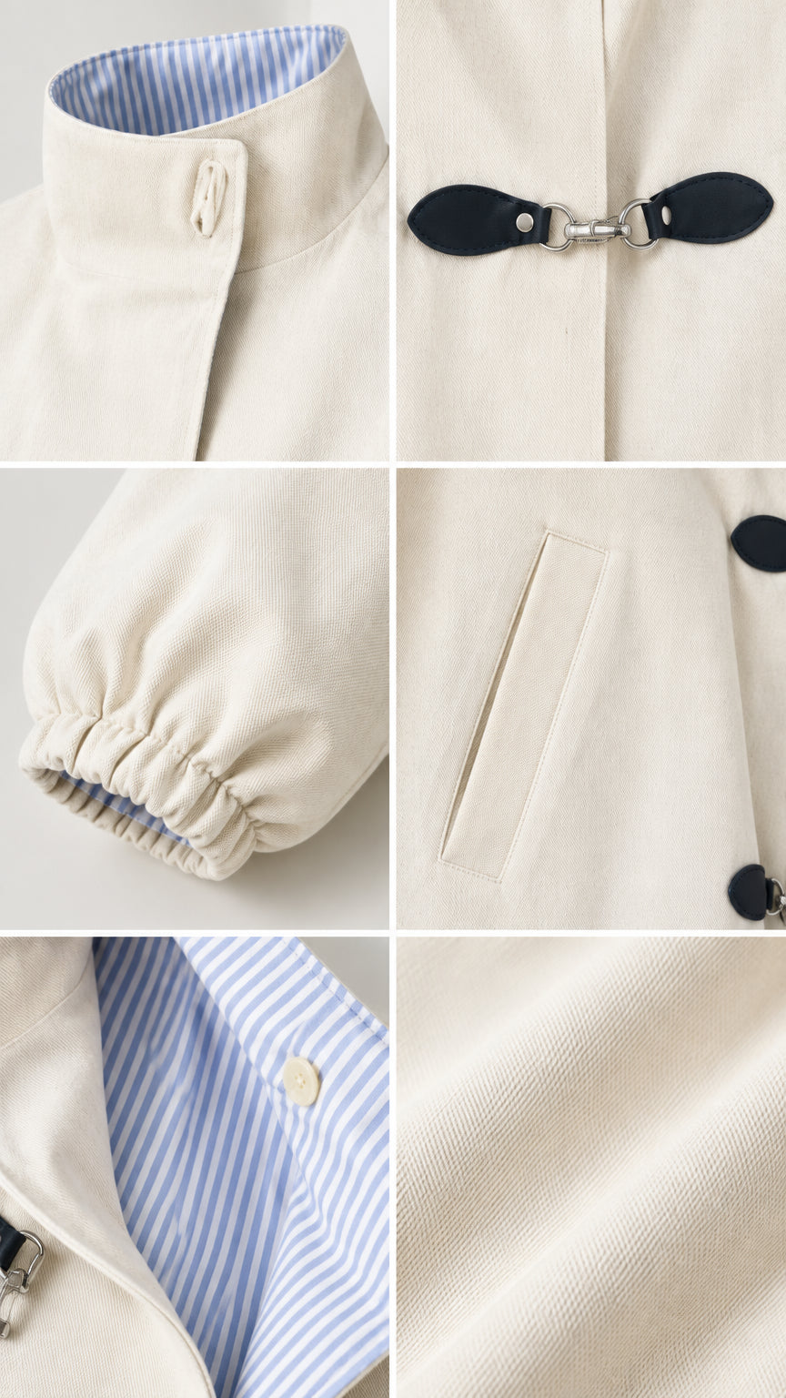 Close-up detail shots showing the striped collar lining, toggle clasp closures, elastic cuff, and fabric texture of the beige jacket