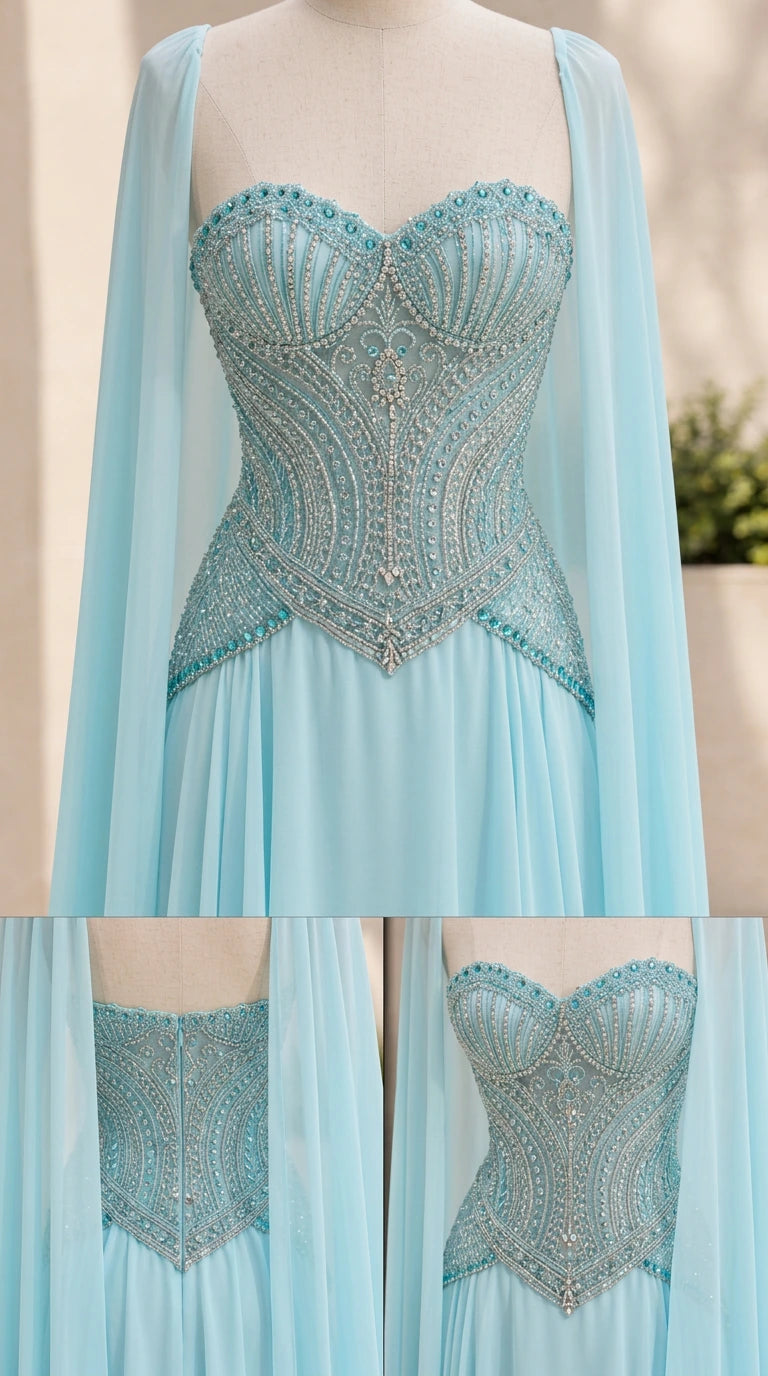 Detailed close-up of intricate beading and boning on corset bodice