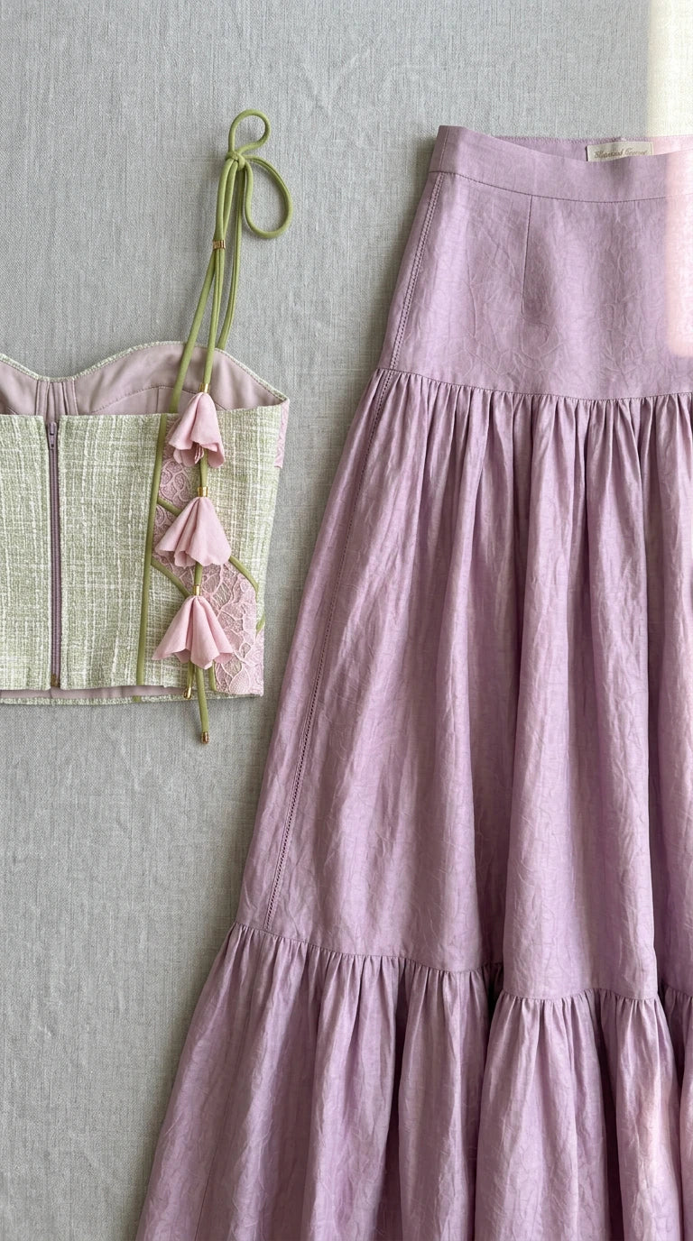 Flat lay close-up of textured lilac maxi skirt and embroidered corset bodice with floral tassels