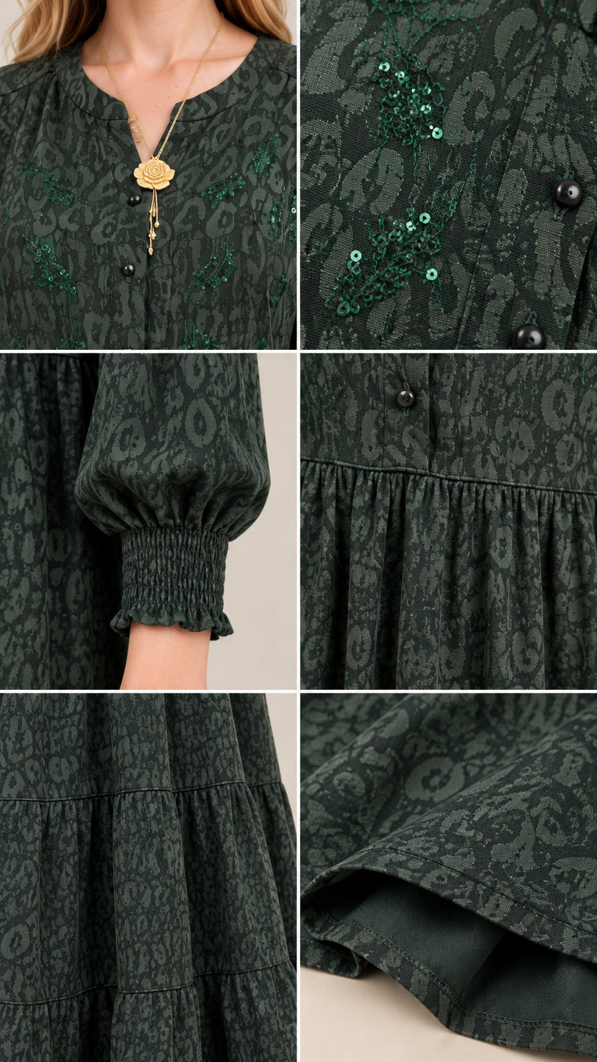 Close-up details of neckline embroidery, smocked cuffs, and fabric lining