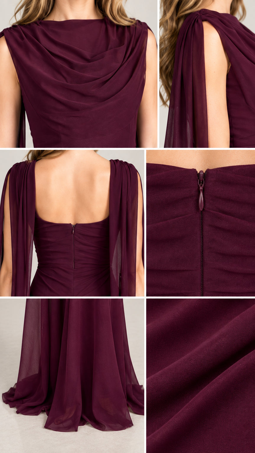 Close-up details of cowl neckline, cape streamer shoulder, zipper, and fabric