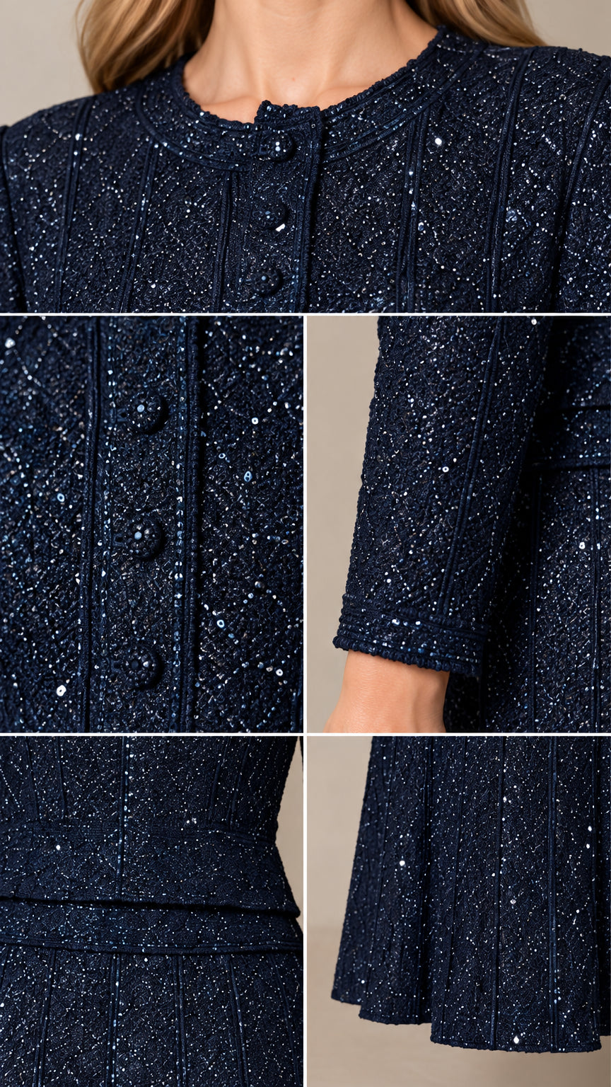 Detailed close-up of textured sequin fabric, front buttons, and hem of Navy Blue formal jacket set