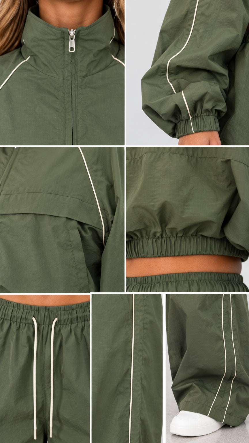 Detailed close-up views of zipper, collar, piping, and elastic drawstring hem in olive green