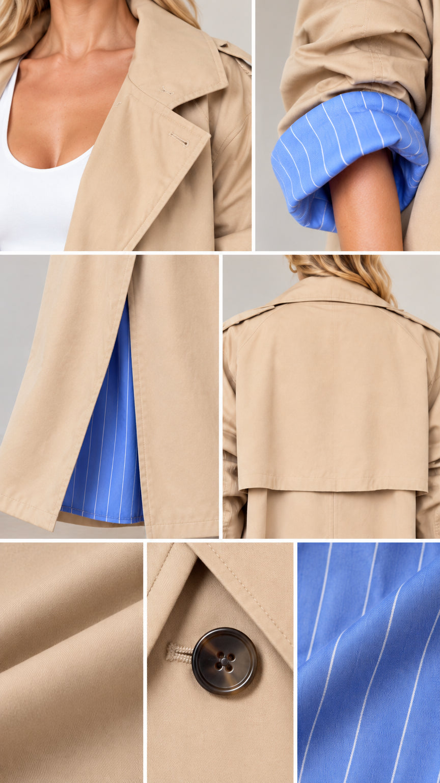 Close-up details of trench coat notch lapel, rolled striped cuff, side split hem, and button fastener