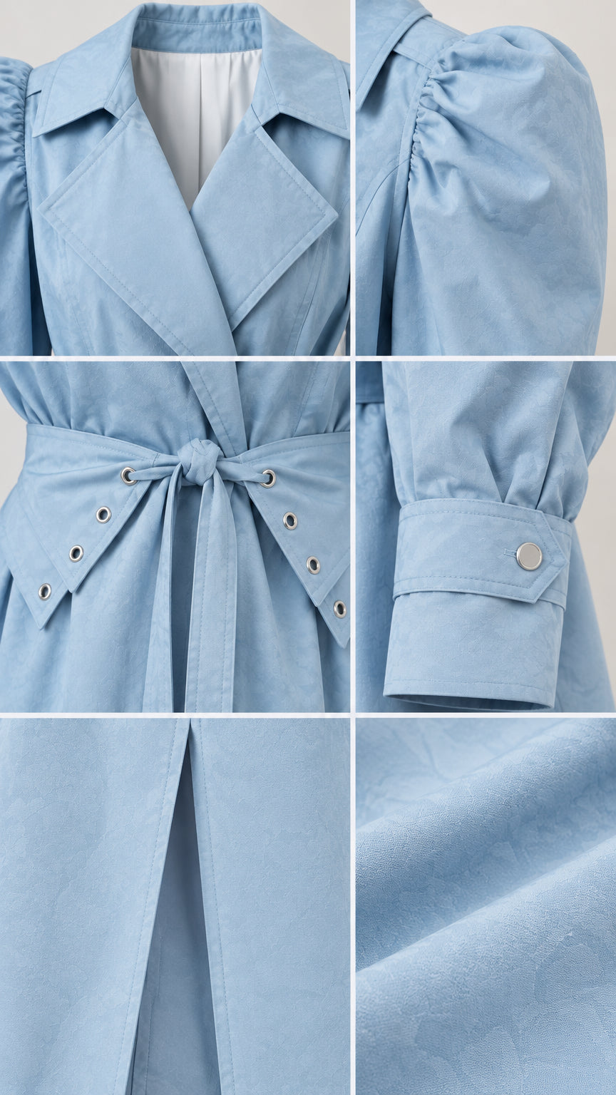 Detailed close-ups of notched lapel, gathered shoulder, eyelet belt, button cuff, and fabric texture
