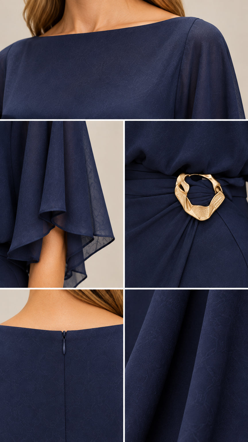 Close-up details of neckline, flutter sleeves, gold buckle, and fabric texture on Navy Blue gown