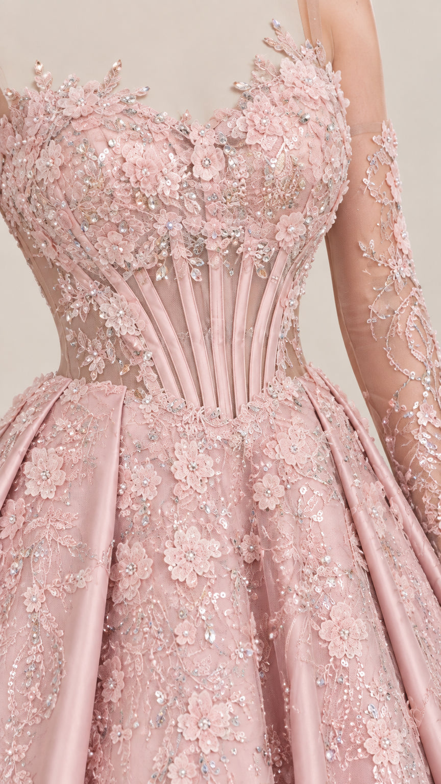 Close-up detail of sheer boned corset bodice with 3D floral lace appliqués