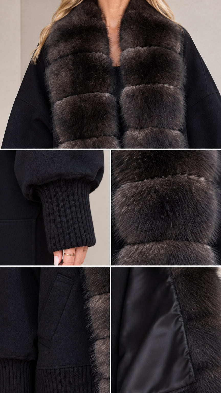 Close-up details of faux fur texture, ribbed knit cuffs, and side pocket lining