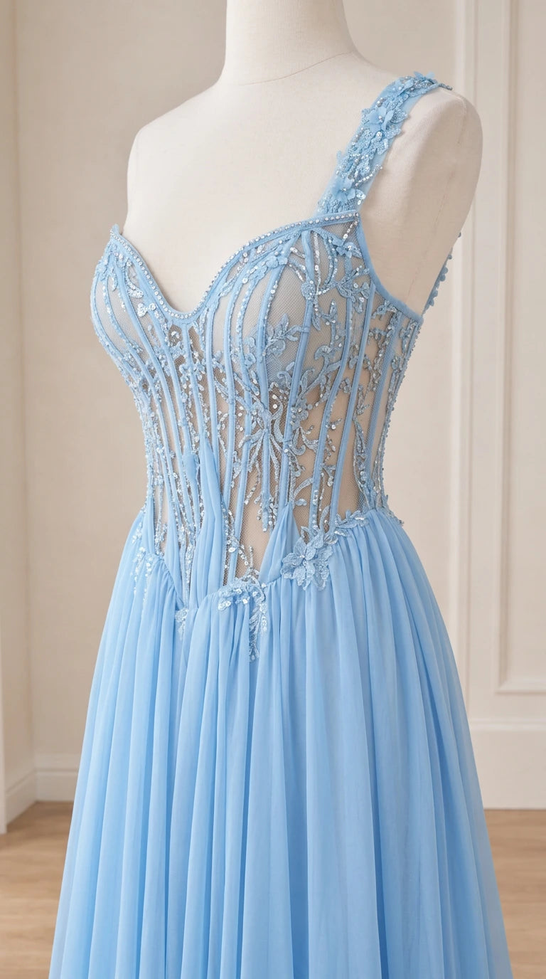 Close-up of Sky Blue sheer corset bodice with intricate vertical beading and boning detail