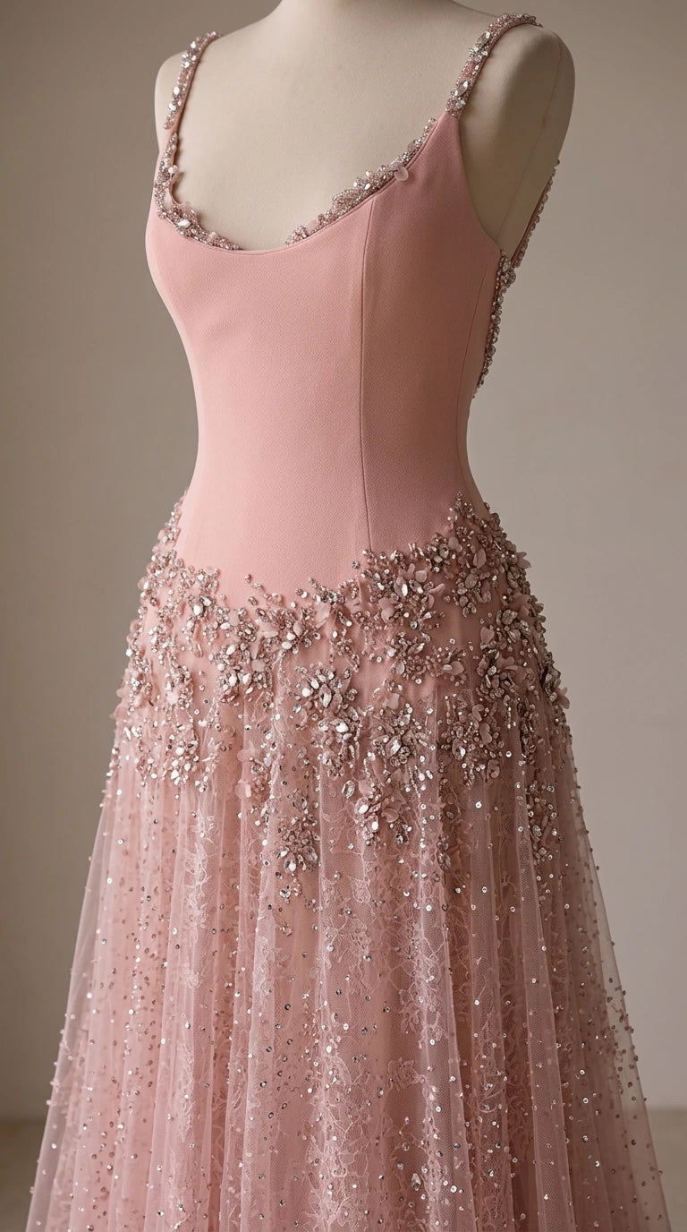 Close up detail of beaded trim and sparkling bodice on pink gown