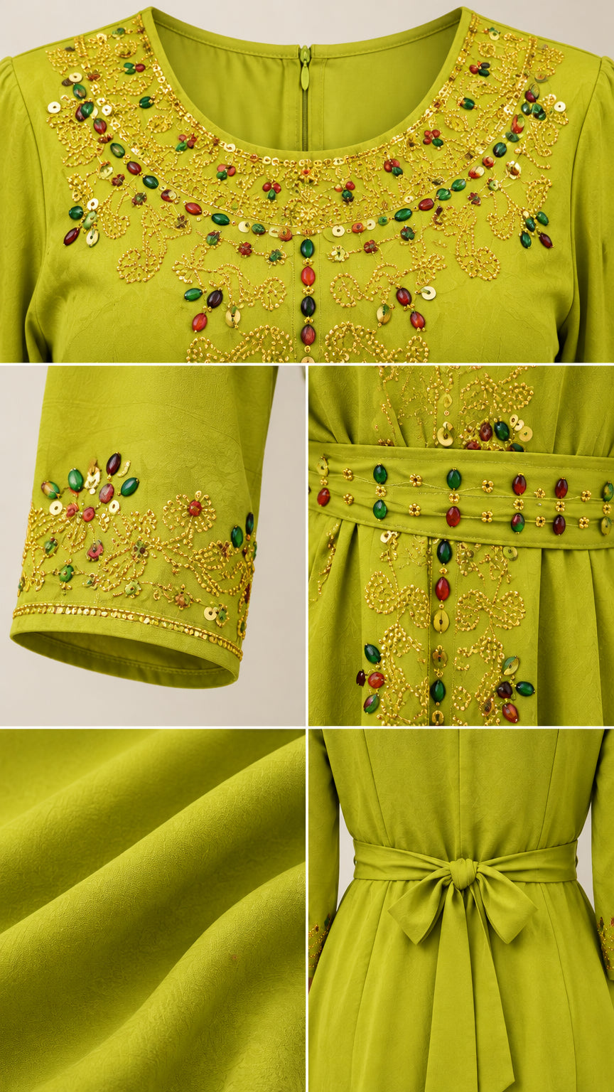 Close-up details of neckline beadwork, sleeve embroidery, waist tie, and fabric texture
