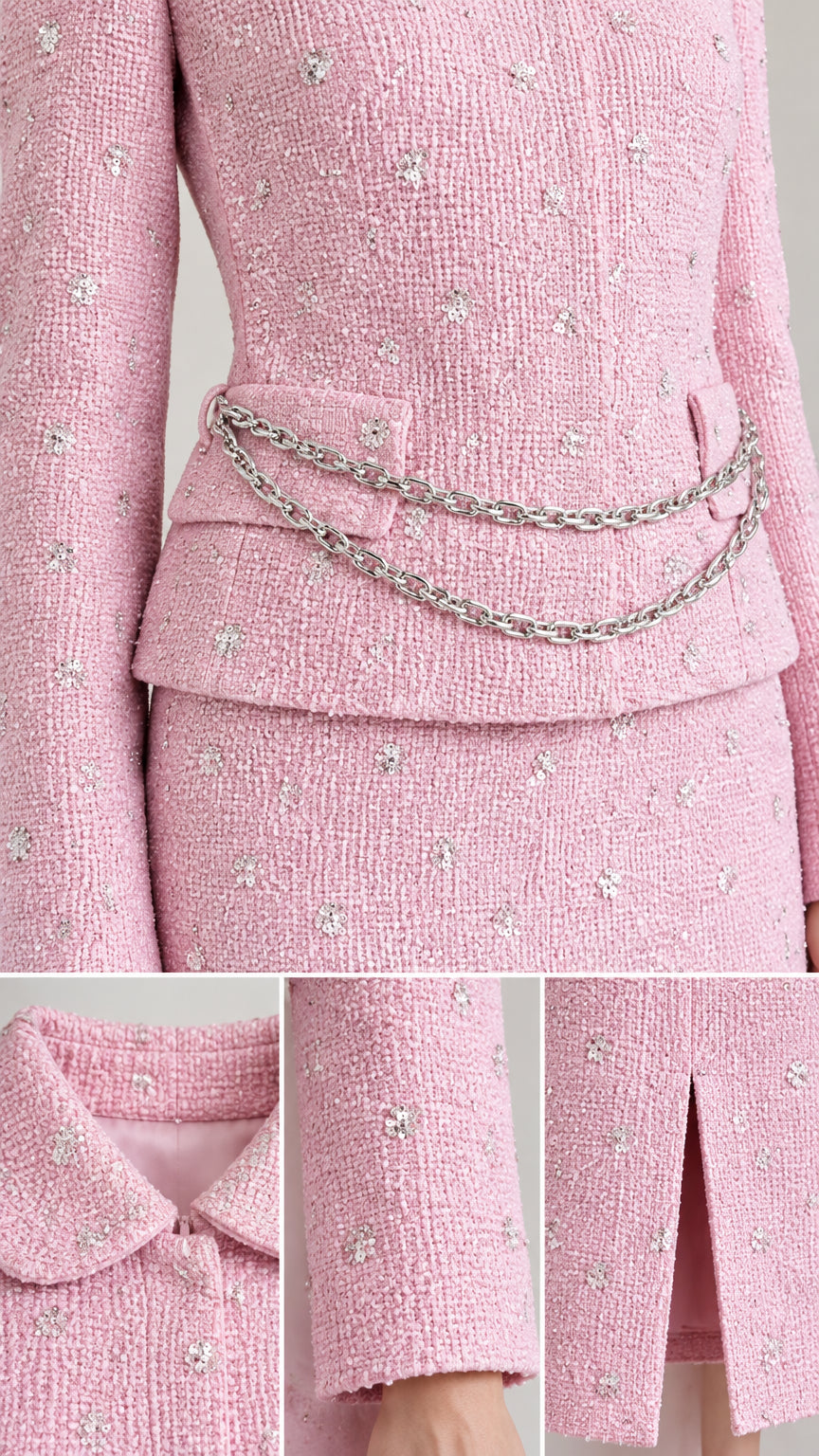 Close-up details of pink tweed fabric, collar, cuffs, front slit, and chain accent