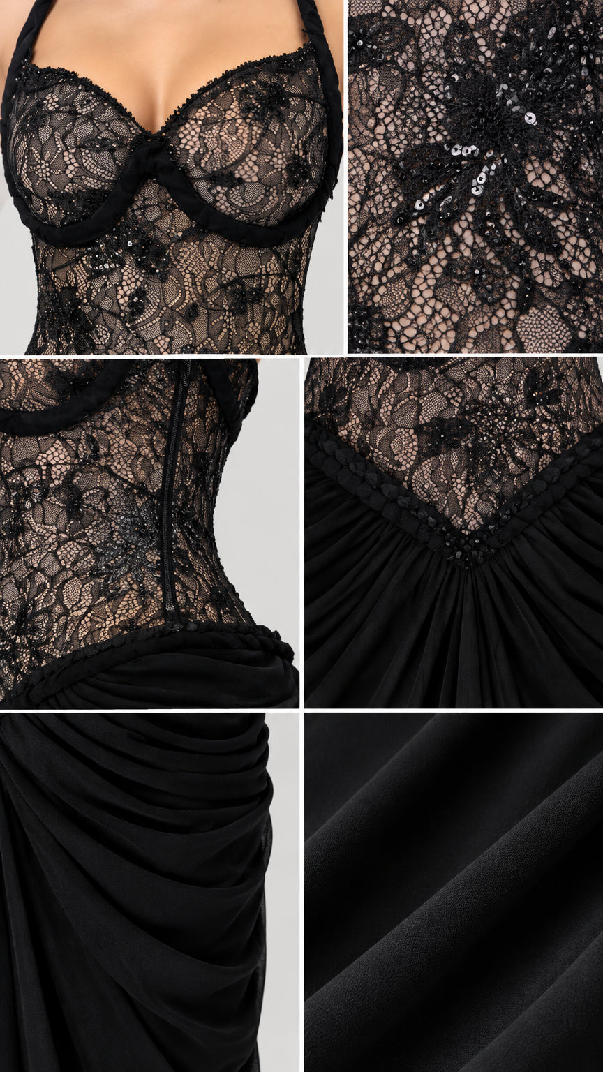Close-up details of sequin floral lace bodice, boning, and pleated skirt fabric