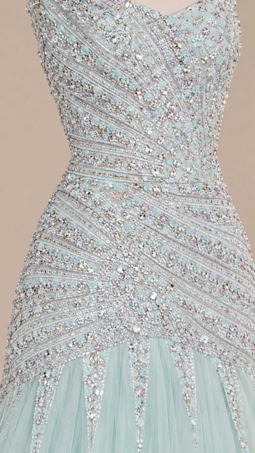Close-up detail of intricate silver bead and sequin pattern on bodice