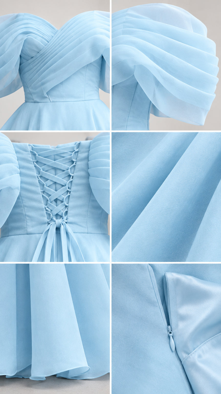 Close-up details of the pleated sweetheart bodice, ruffled sleeve, corset ties, and fabric