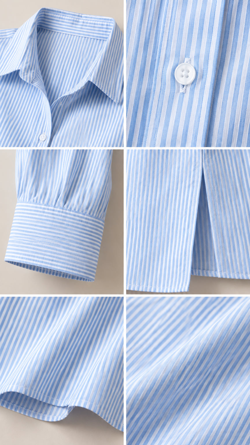 Close-up details of collar, buttons, sleeve cuffs, hem slit, and striped woven fabric texture