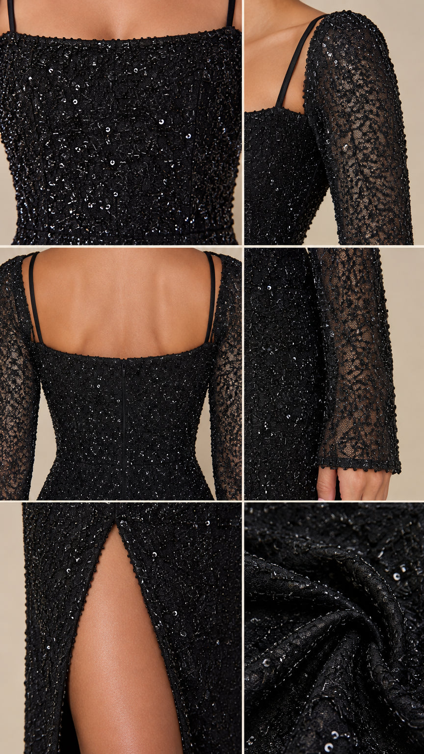 Close-up details of black sequin embellishment, square neckline, and slit construction