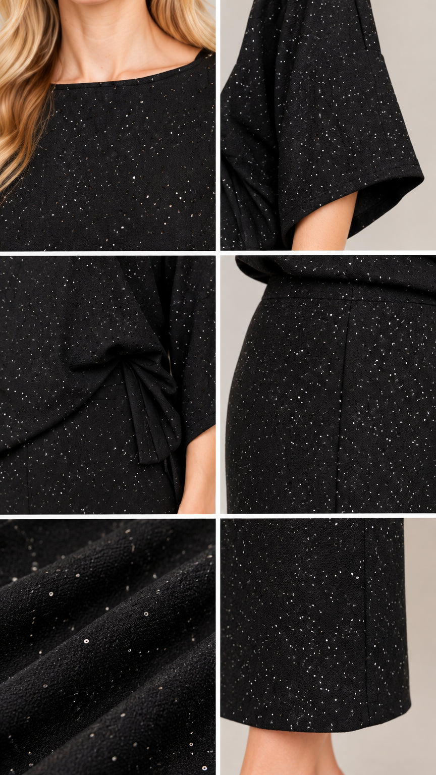 Close-up detail collage showing fabric texture, neckline, sleeve, and side drape of black sparkle set