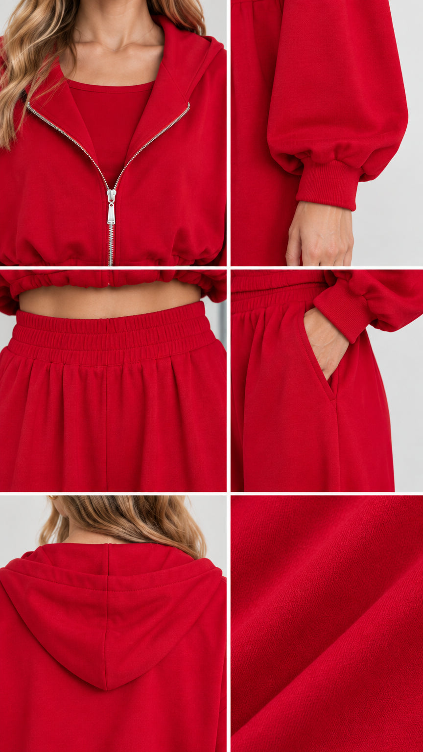 Close-up details of red zipper, hoodie, elastic waistband, pocket, and fabric texture