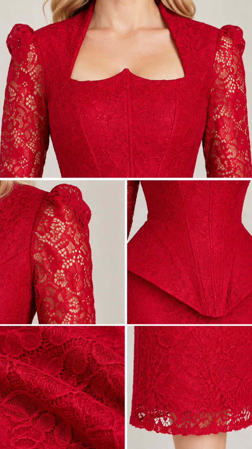 Close-up details of red sweetheart neckline, lace puff sleeves, and peplum hem