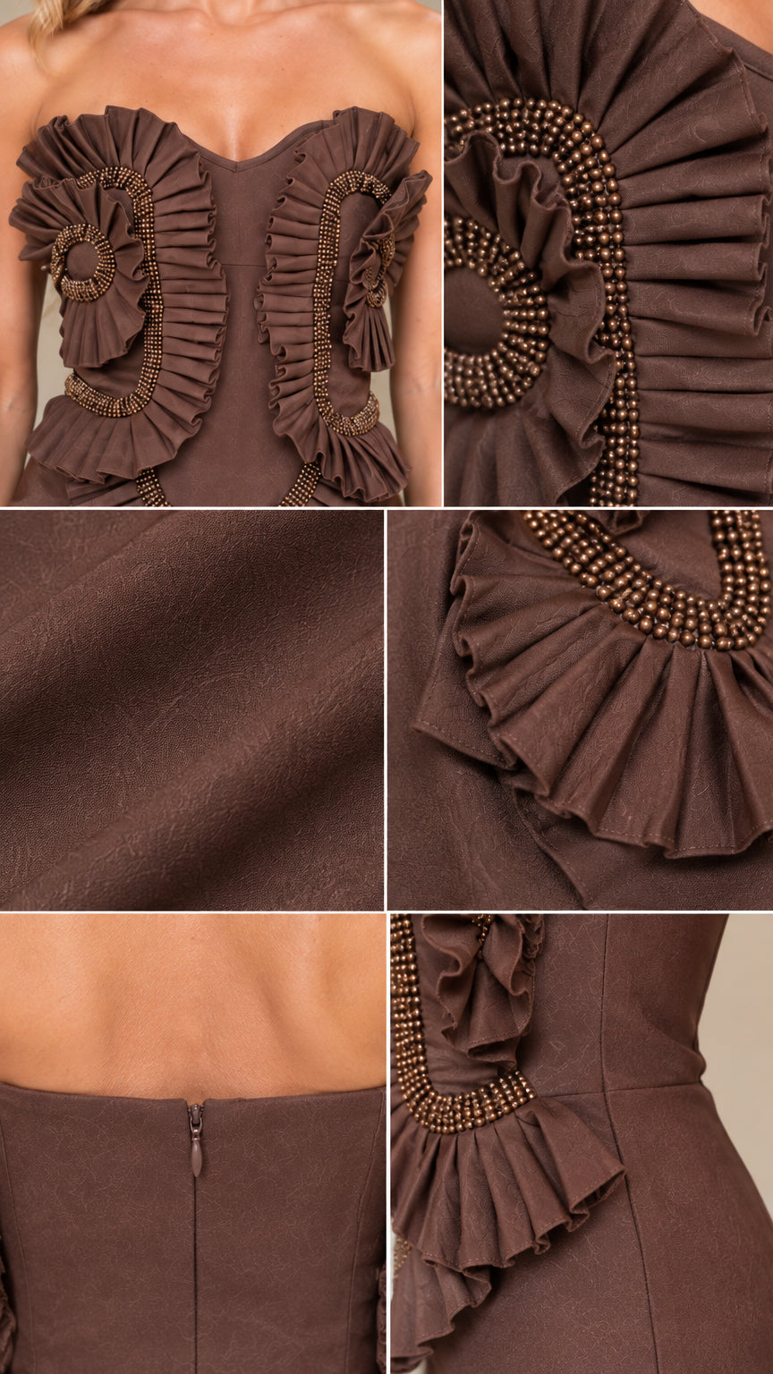 Close-up details of the pleated ruffle trim, beading, fabric texture, and hidden back zipper