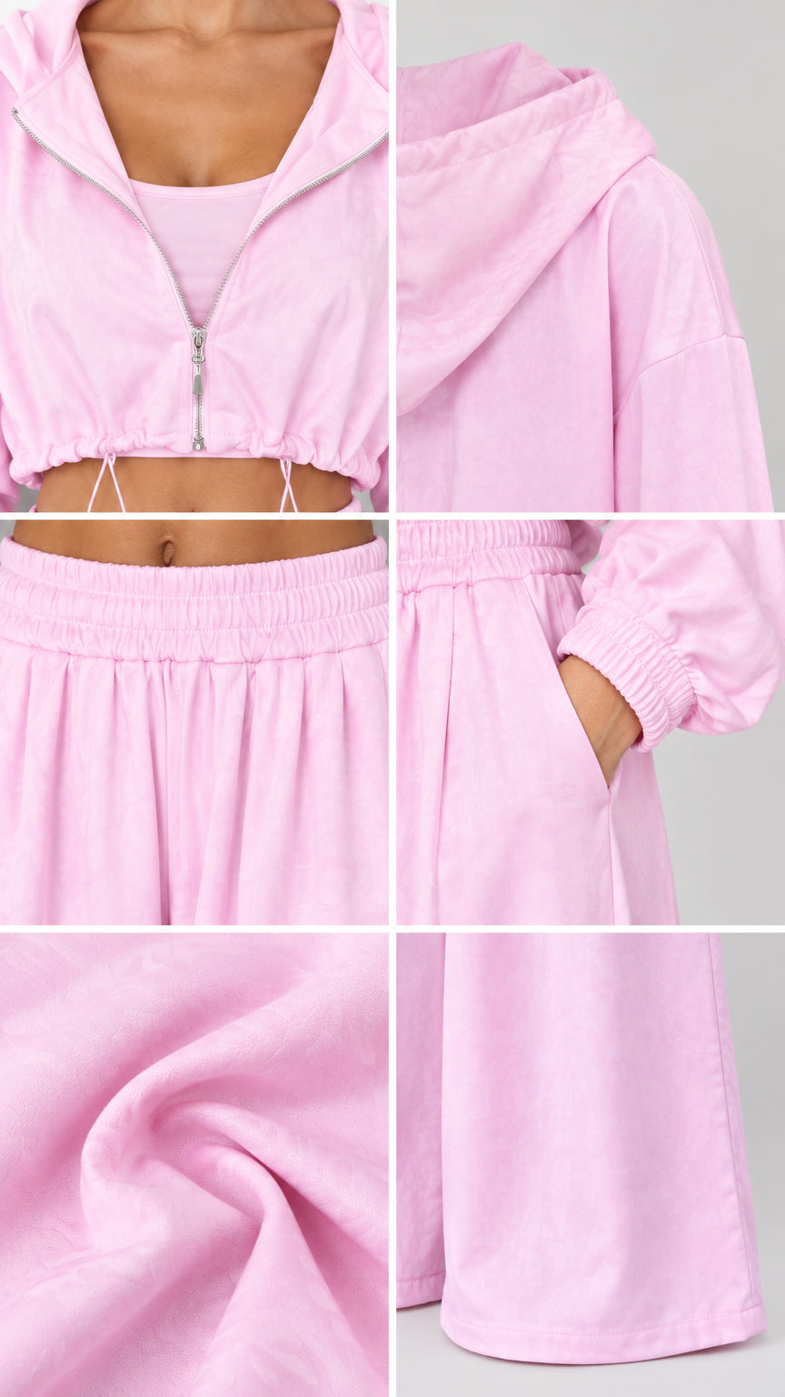 Detailed close-up collage of pink zip hoodie, drawstring, waistband, and soft fabric texture
