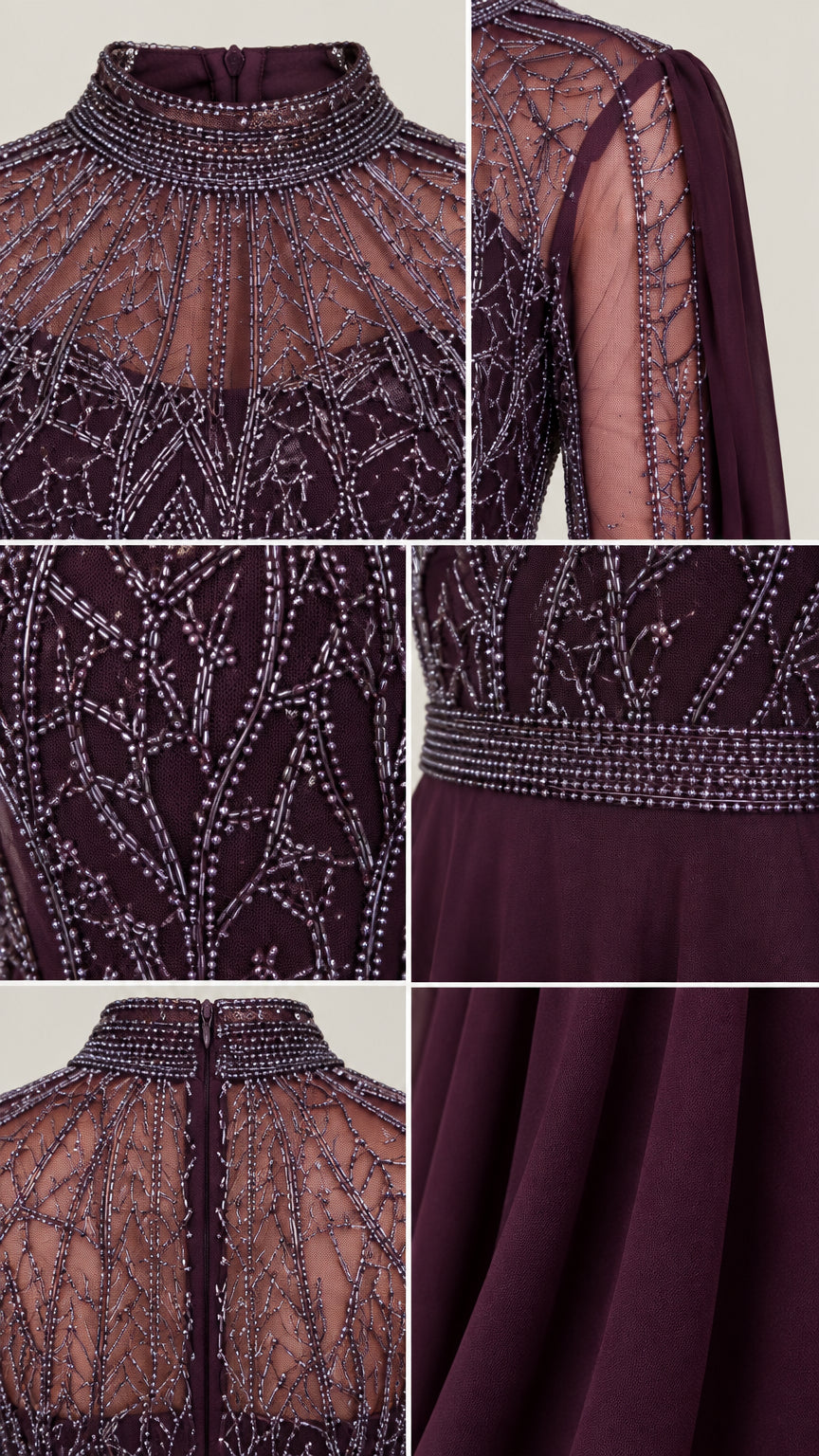 Close-up detail collage showing beaded high neck, embellished bodice, sheer sleeves, and chiffon fabric