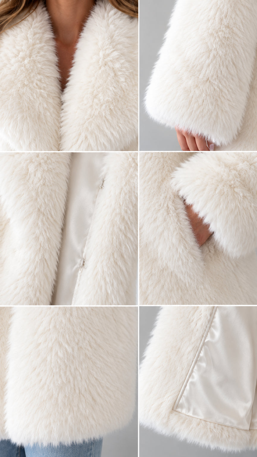 Close-up detail collage of ivory faux fur jacket collar, cuff, pocket, and smooth inner lining
